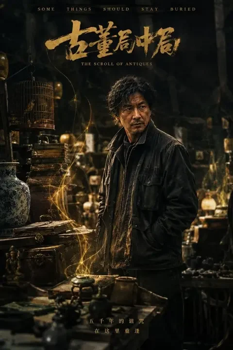 《人到中年:我的双眼可以看穿一切》海报:中年男性立于旧物市场,金色细光升起